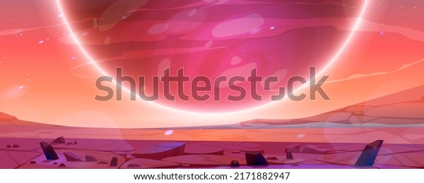 Mars landscape, alien planet sunset background,\
red desert cracked surface with stones, stars shine. Martian space\
ground, scenery game backdrop with big sphere in pink sky, cartoon\
vector