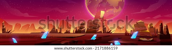 Mars landscape, alien planet sunset\
background, red desert surface with mountains, blue cristals and\
stars shine on pink sky. Martian space ground, scenery game\
backdrop, cartoon vector\
illustration