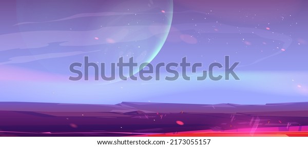 Mars landscape, alien planet sunset\
background, empty purple desert surface and flying cosmic dust.\
Martian space ground, scenery game backdrop with big sphere in blue\
sky, cartoon vector\
illustration