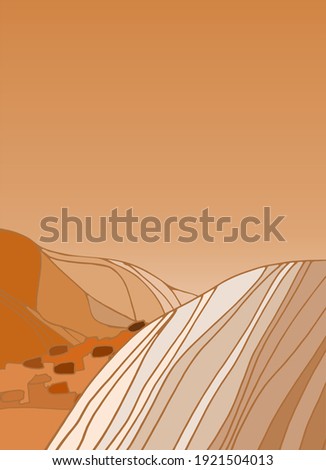 Mars landscape background with alien mountines and stony desert. Cosmic design, vector template for social media stories, flyers, typography