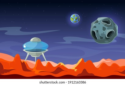 Mars Landscape. Colonization, Alien Space Background. View From Red Planet On Earth And Moon Cartoon Vector Illustration