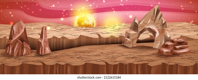 Mars-Landschaft, geknackter Stein, Vektorgrafik-fremder Planet roter Hintergrund, Saturn, Himmel, Wüstenfelsen des Mars. Spielraum-Banner, fantastische Landoberfläche, Sternenkosmisches Abenteuerpanorama. Landschaftsbild des Mars