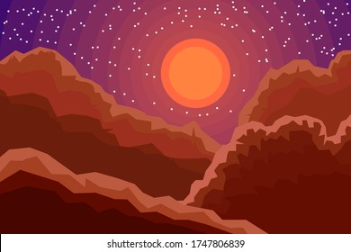 Mars landscape, mountains, star rising, simple flat illustration