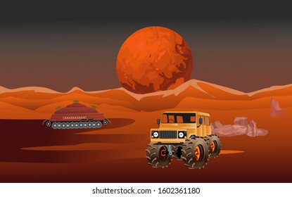 Mars landscape, people's research constructions on mars, vector illustration