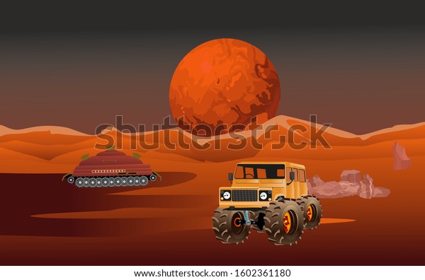 Mars landscape, people\'s research\
constructions on mars, vector\
illustration