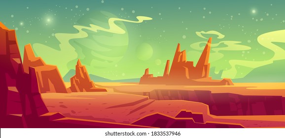 Mars landscape, red alien planet background, desert surface with mountains, rocks, deep cleft and stars shine on green sky. Martian extraterrestrial computer game backdrop, cartoon vector illustration