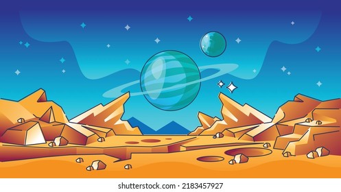 Mars landscape and red rocky planet horizon surface scene outline concept. Surreal dust desert ground with craters and mountains with cosmic galaxy sky vector illustration. Extraterrestrial panorama
