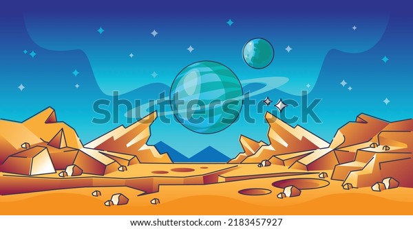Mars landscape and red rocky planet horizon\
surface scene outline concept. Surreal dust desert ground with\
craters and mountains with cosmic galaxy sky vector illustration.\
Extraterrestrial panorama