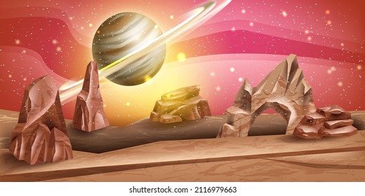 Mars-Landschaft, Vektorgrafik-fremder Planet roter Hintergrund, Marswüstengestein, Risse Stein, Saturn, Himmel. Spielraum-Banner, fantastische Landoberfläche, Stern, kosmisches Abenteuerpanorama. Landschaftsbild des Mars