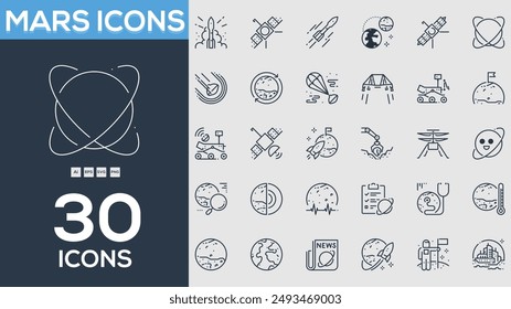 Colección de iconos de línea de Marte. Paquete de iconos de contorno fino. Ilustración vectorial