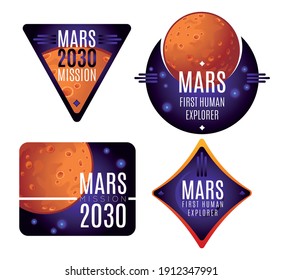 Mars mission 2x2 concept chevron or astronaut patch, poster or banner on isolated different shapes background