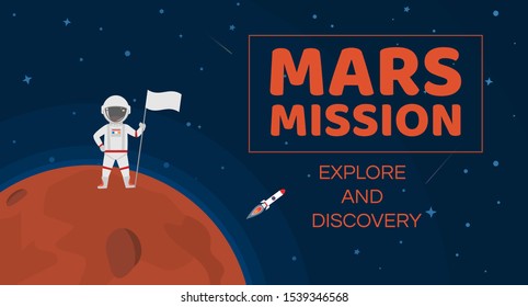 mars mission astronaut with flag standing on red planet surface