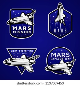 Mars mission blue logos, set of Mars themed badges with shuttle. Modern space logos