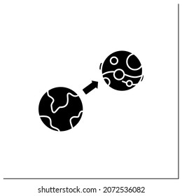 Mars mission glyph icon. Flight from Earth to Mars. Research and development fourth planet. Uninhabited planet. Mars landing concept.Filled flat sign. Isolated silhouette vector illustration