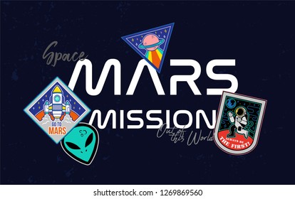 Mars mission rocket fly up in space explore colonization of red planet Mars stars satellite spaceship astronaut alien ufo Trendy fashion print t shirt sweatshirt poster sticker patch embroidery design