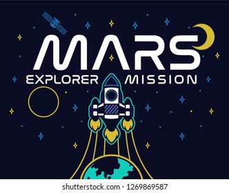 Mars mission rocket fly up in space explore colonization of red planet Mars stars satellite spaceship astronaut. Trendy fashion print t shirt sweatshirt poster sticker patch embroidery graphic design.