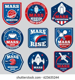 Mars mission vector space emblems. Astronaut travel badges