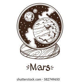 Mars monochrome drawing. The planet of the solar system in a glass bowl on a stand. Illustration for design on the astrology, astronomy, spirituality.
