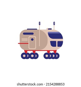 Mars or moon rover with wheels and antenna, flat vector illustration isolated on white background. Space vehicle exploring surface of planets. Futuristic transportation.