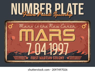 Mars-Nummernschild für zukünftige private Raumschiffe, Landschaft des Mars, ruhender Rahmen