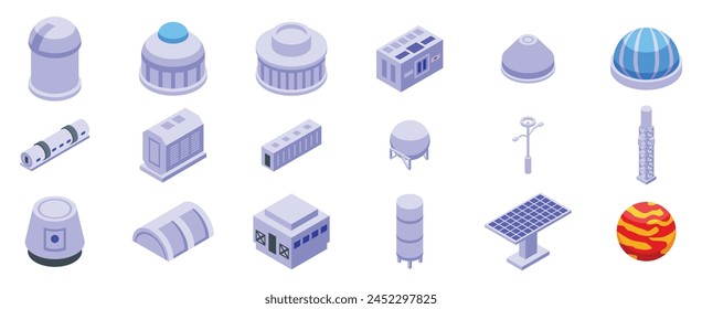 Mars observatory icons set isometric vector. Planet colony. Futuristic space