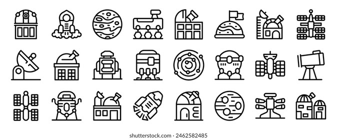 Mars observatory vector icon. A collection of space-themed icons, including a rocket, a building, and a telescope. The icons are all in black and white and are arranged in a grid