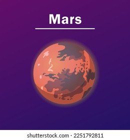 Mars on blue and purple background cartoon illustration. Mars. Space, planetary, galaxy, astronomy concept
