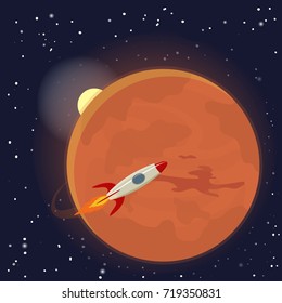 Mars orbit and rocket. Vector Illustration.