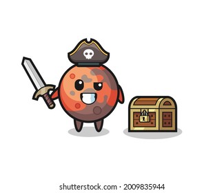 the mars pirate character holding sword beside a treasure box , cute style design for t shirt, sticker, logo element
