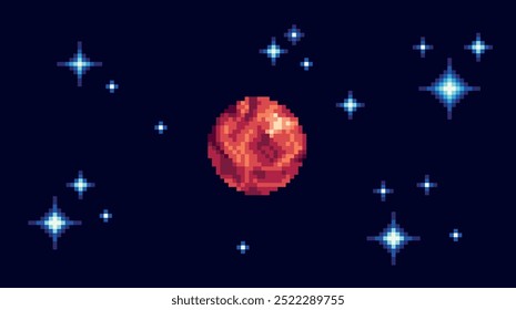 Anuncio de pixel art de Marte. Planeta rojo en el espacio, estrellas alrededor. Fondo de objeto astronómico. Sprite de 8 bits. Desarrollo de juegos, App móvil. Ilustración vectorial aislada.