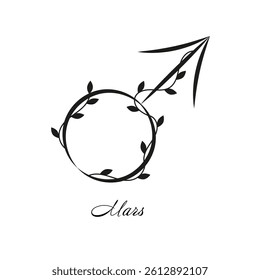 Mars planet astrological and astronomy sign with black branches and leaves. Vector symbol with botanical decoration on white background