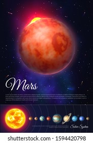 Mars planet colorful poster with solar system. Galaxy discovery and exploration. Realistic planetary system in deep space vector illustration. Astronomy and astrophysics science vertical flyer.