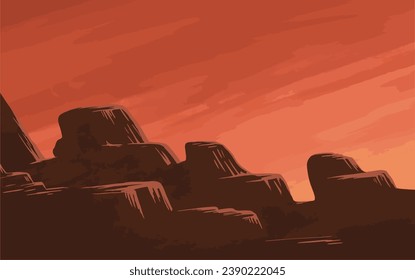 Mars planet. A dramatic red sky with glow of the sun or a flash of lightning. Silhouette of rocks on a colorful background. Beautiful fantastic landscape. Vector art illustration