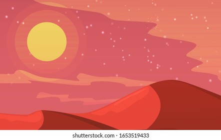 Mars planet futuristic landscape with mountains in deserted area vector illustration. Starry sky and red sandy deserted dunes on Mars landscape. Futuristic panorama. Background. Banner. Poster.