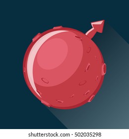 Mars planet icon with long shadow. Mars symbol. Globe Mars texture map. Red planet, view from space. Solar system. Vector illustration in flat style. 