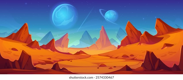 Mars planet landscape with red rocky desert terrain and mountains under starry sky with blue glowing distant planets. Cartoon vector futuristic game background capture the essence of space exploration