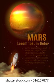 Mars planet poster with title text space and spaceship cartoon vector illustration 