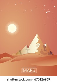 Mars planet with red ground and mountains. Nature landscape with stars and sun. Vector illustration.