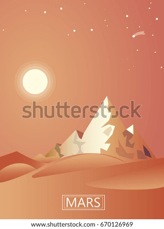 Mars planet with red ground and mountains. Nature landscape with stars and sun. Vector illustration.