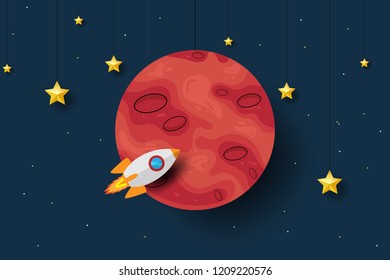 Mars planet with rocket paper art design background. Cute design. Cartoon space background. Vector illustration. EPS 10