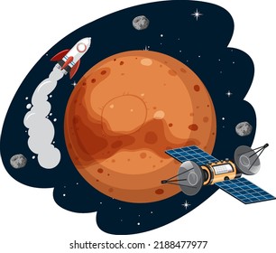 Mars planet with rocket and satellite illustration