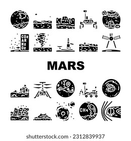 mars planet science space cosmos icons set vector. universe mars, galaxy astronomy, star sky, surface exploration, landscape red cosmic mars planet science space cosmos glyph pictogram Illustrations