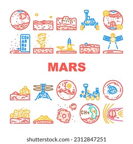 mars planet science space cosmos icons set vector. universe mars, galaxy astronomy, star sky, surface exploration, landscape red cosmic mars planet science space cosmos color line illustrations