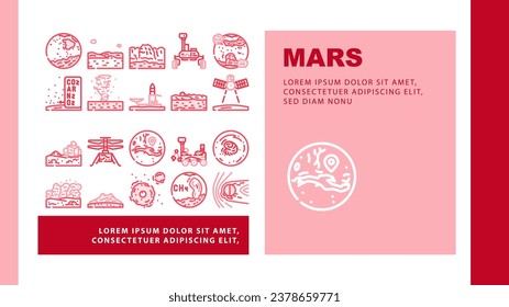 mars planet science space cosmos landing web page vector. universe mars, galaxy astronomy, star sky, surface exploration, landscape red cosmic mars planet science space cosmos Illustration