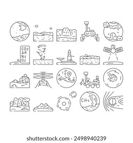 mars planet science space cosmos icons set vector. universe mars, galaxy astronomy, star sky, surface exploration, landscape red cosmic mars planet science space cosmos black contour illustrations