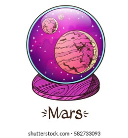 Mars. The planet of the solar system in a glass bowl on a stand. Illustration for design on the astrology, astronomy, spirituality.