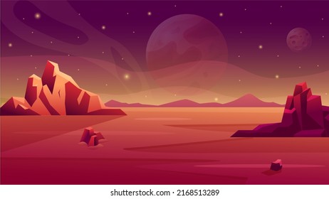 Mars planet space. Alien landscape surface of moon. Ground for game. Desert backdrop scene. Cosmos horizon. Mountain cliffs. Cosmic panorama with rocks and sky. Vector cartoon background