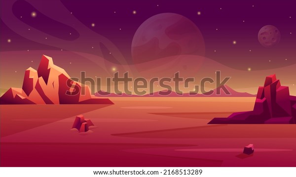 Mars planet space. Alien landscape surface of\
moon. Ground for game. Desert backdrop scene. Cosmos horizon.\
Mountain cliffs. Cosmic panorama with rocks and sky. Vector cartoon\
background