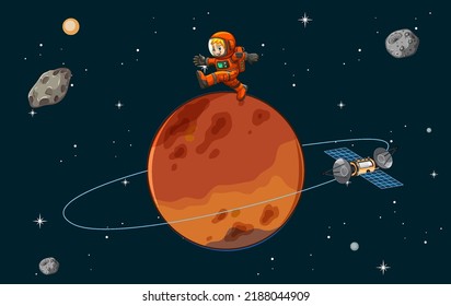 Mars planet in the space with astronaut illustration