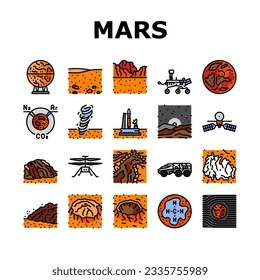 mars planet space astronomy icons set vector. cosmos science, planet universe, solar galaxy, world red, exploration sky mars planet space astronomy color line illustrations